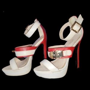 White Red Two Tone Strappy Hardware High Heels Faux Leather